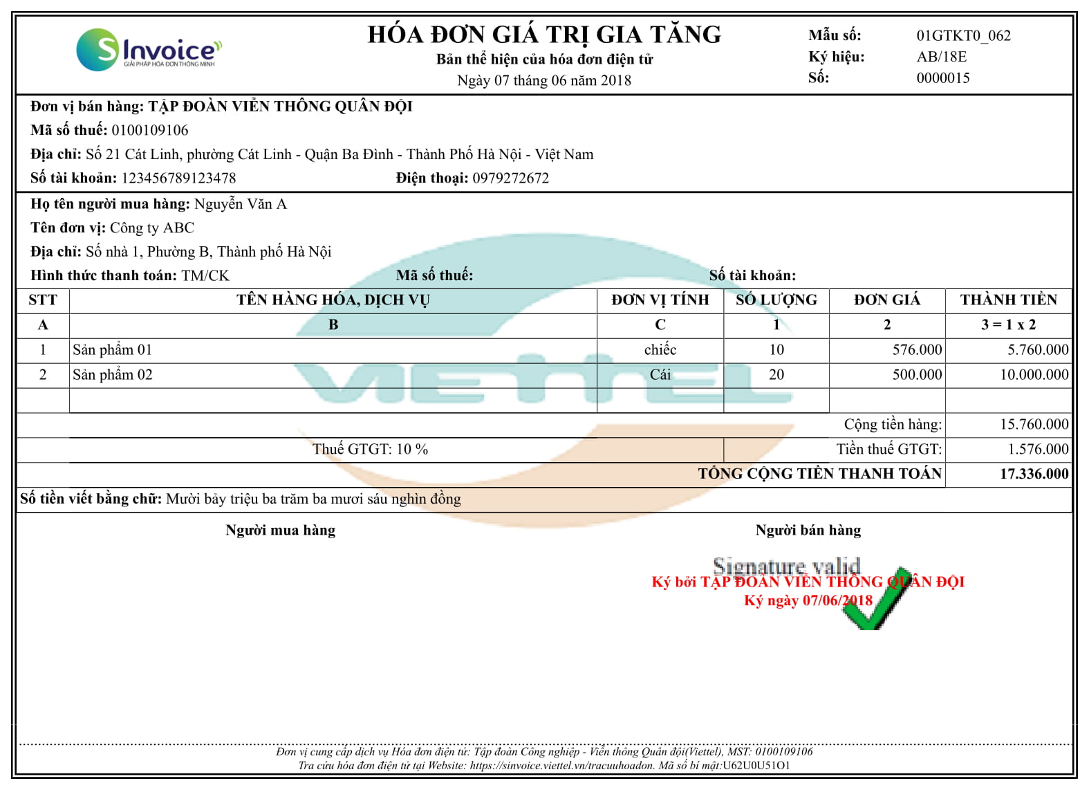 mẫu hóa đơn điện tử viettel